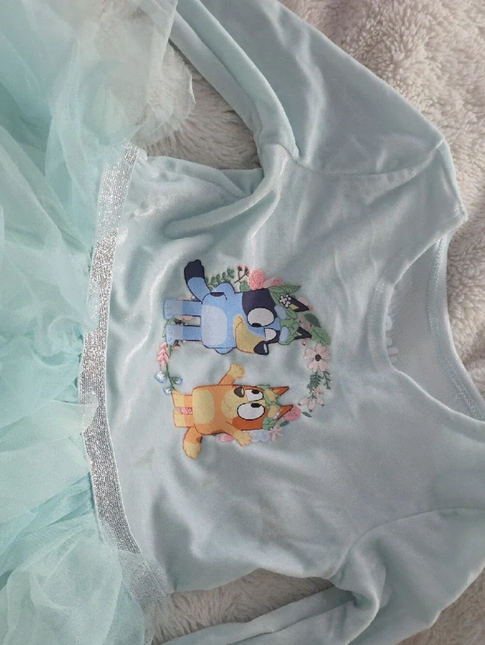 H&M Bluey And Bingo  Light Aqua Ruffle Tutu Dress with Cartoon Front Characters